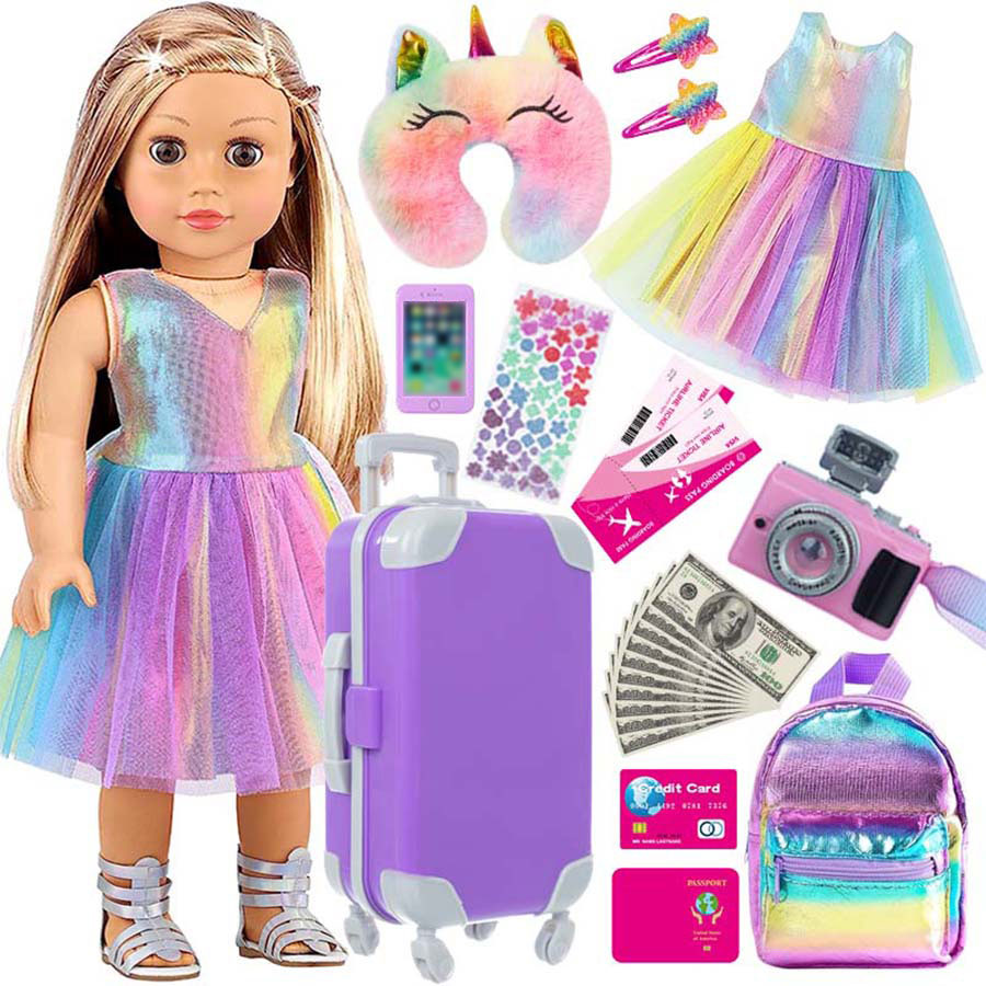 Travel Accessories Teens - 18インチ人形用服とアクセサリー、人形用スーツケース旅行セット（枕、ユニコーンバッグ、カメラ、コンピューター、電話、パスポート付き）子供向けギフト