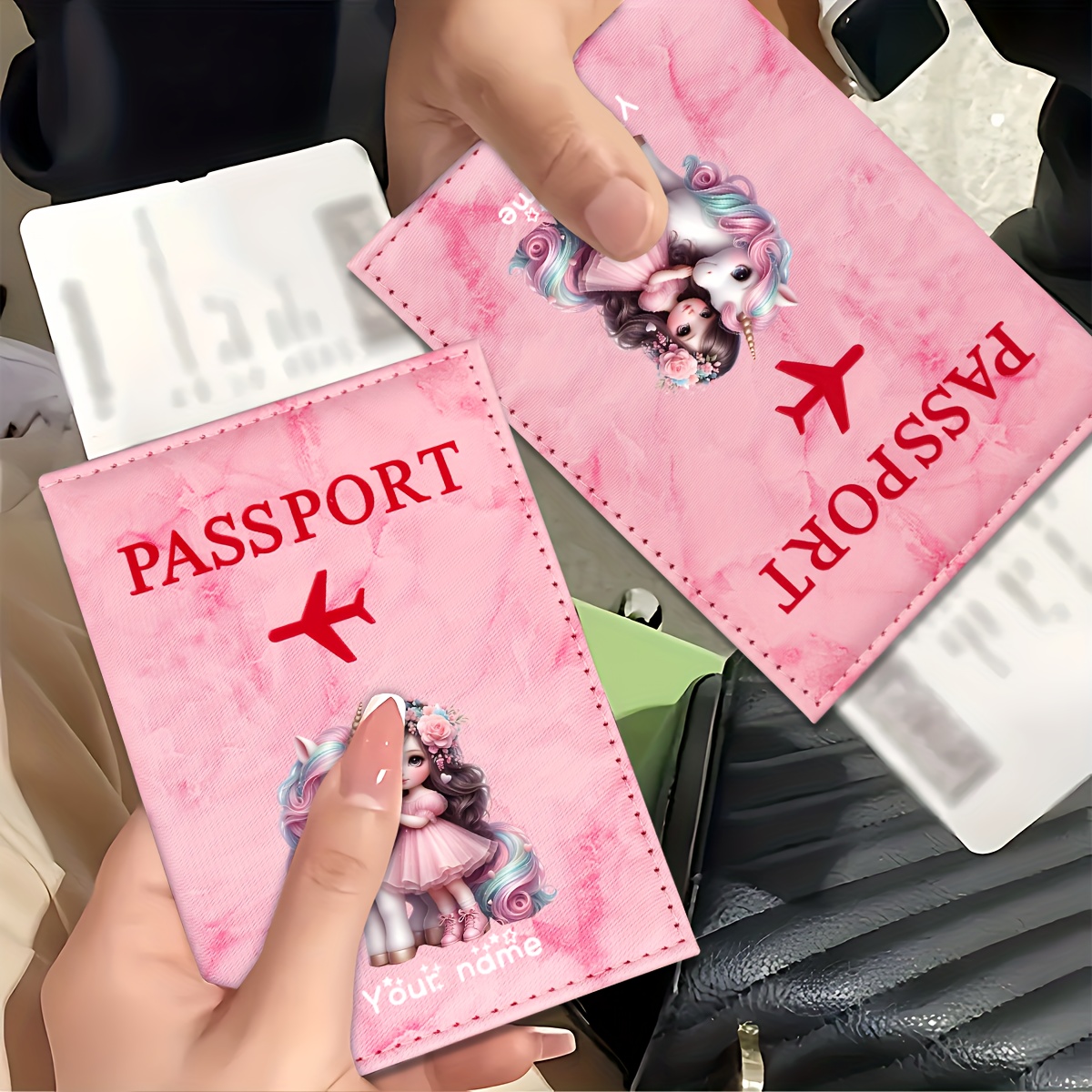 Travel Accessories For Europe - ユニコーンガールパターン PU パスポートホルダー ゴールデン飛行機アイコン付き カードスロット トラベルウォレット