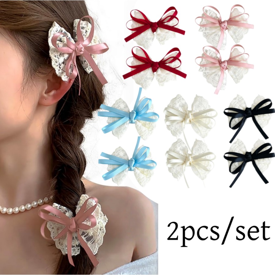 Travel Accessories For 4 Year Old - 2 ピース/セットかわいいレースの弓ヘアクリップ甘い刺繍リボンヘアピン旅行カジュアルファッション手作りヘアアクセサリー女の子子供用
