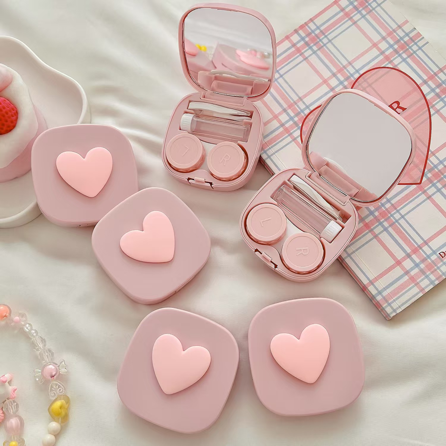 Travel Accessories Kit For Women - ハート コンタクト レンズ ケース ミラー付き ミニ