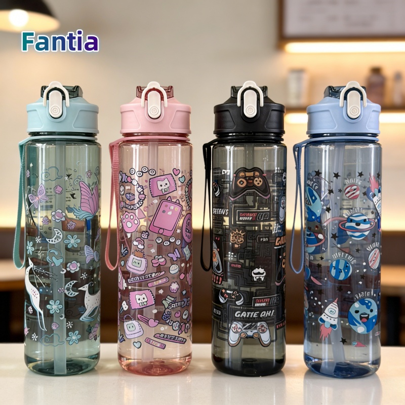 Travel Accessories Bottles - 便利な 750 ミリリットル水筒プリント漫画ポータブルストローカップ漏れ防止大容量スポーツカップアウトドア旅行ジムスポーツ