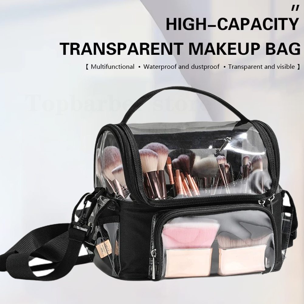 Travel Accessories Organizer Case - メイクブラシホルダーバックパックメイクアップアーティストトラベルケースクリア防水化粧品オーガナイザーバッグ調節可能なストラップディバイダー付き
