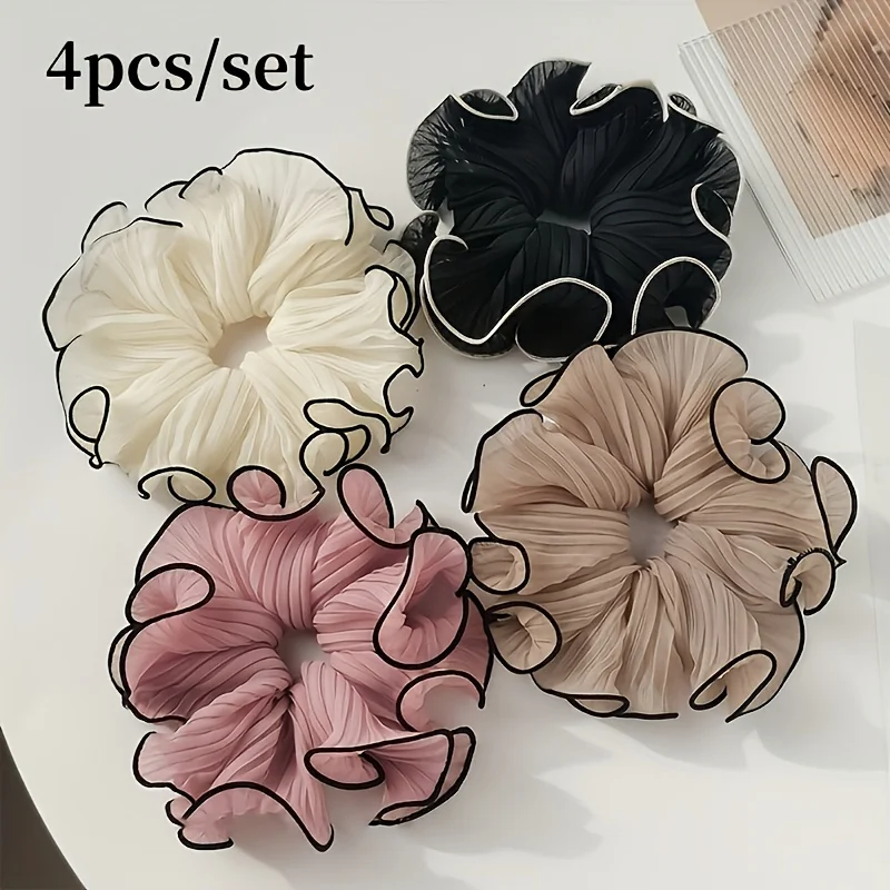 Travel Accessories Kit - 4個/セット エレガントなフリンジ付きファブリックシュシュ - ソリッドシフォン、フリル/チュール/リボンスタイル、マルチカラーのデイリーヘアアクセサリー