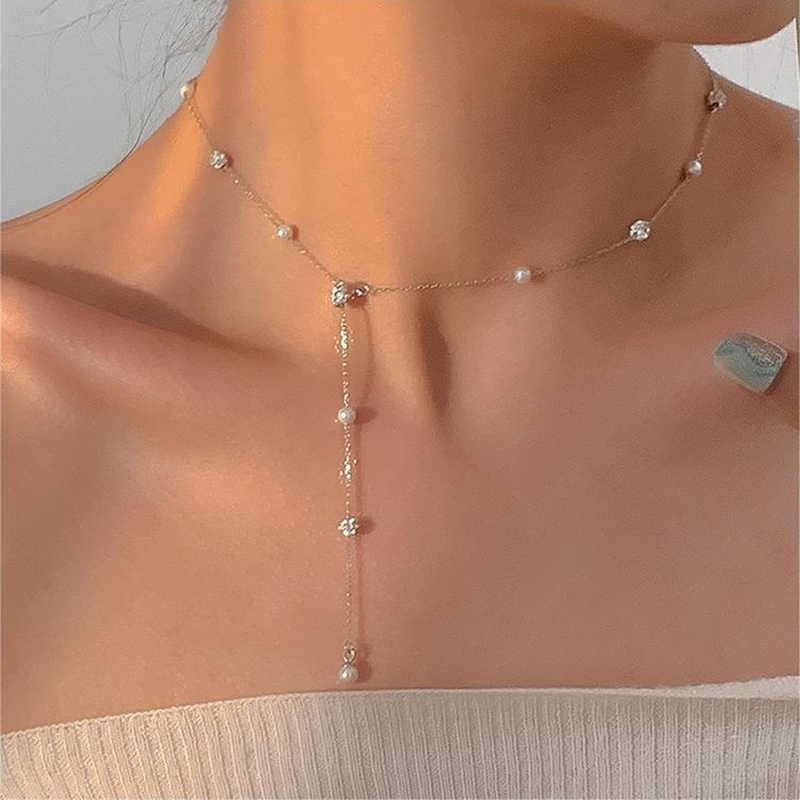 女性のためのイミテーションパールジルコンタッセルネックレス、 - Travel Accessories As Gifts のレビューと価格