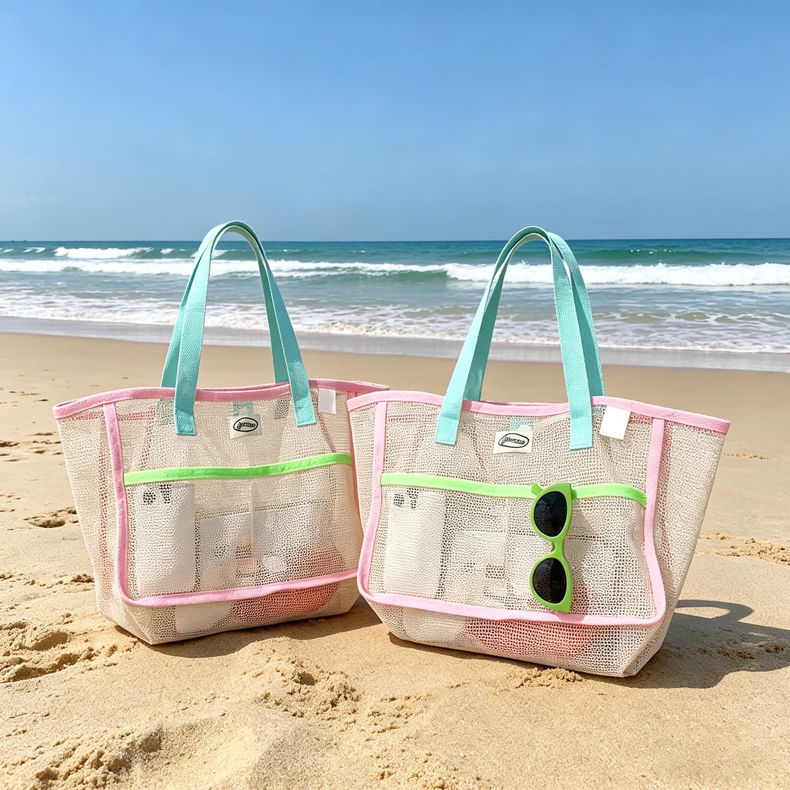 女性用ビーチバッグ カラフルな折りたたみ式ネットサンドトート - Travel Accessories Bag のレビューと価格