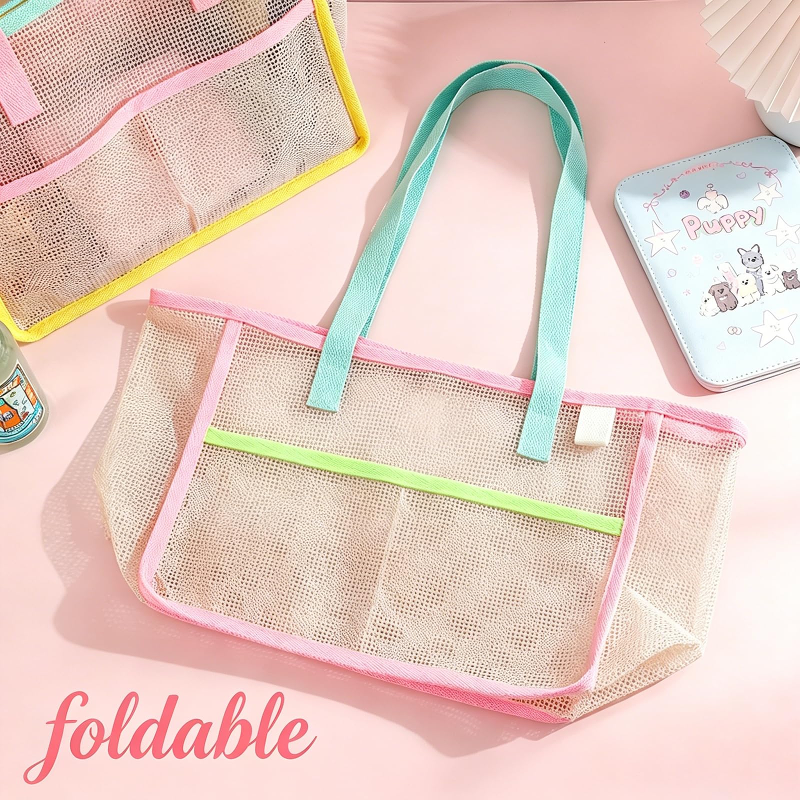 女性用ビーチバッグ カラフルな折りたたみ式ネットサンドトート - Travel Accessories Bag のレビューと価格