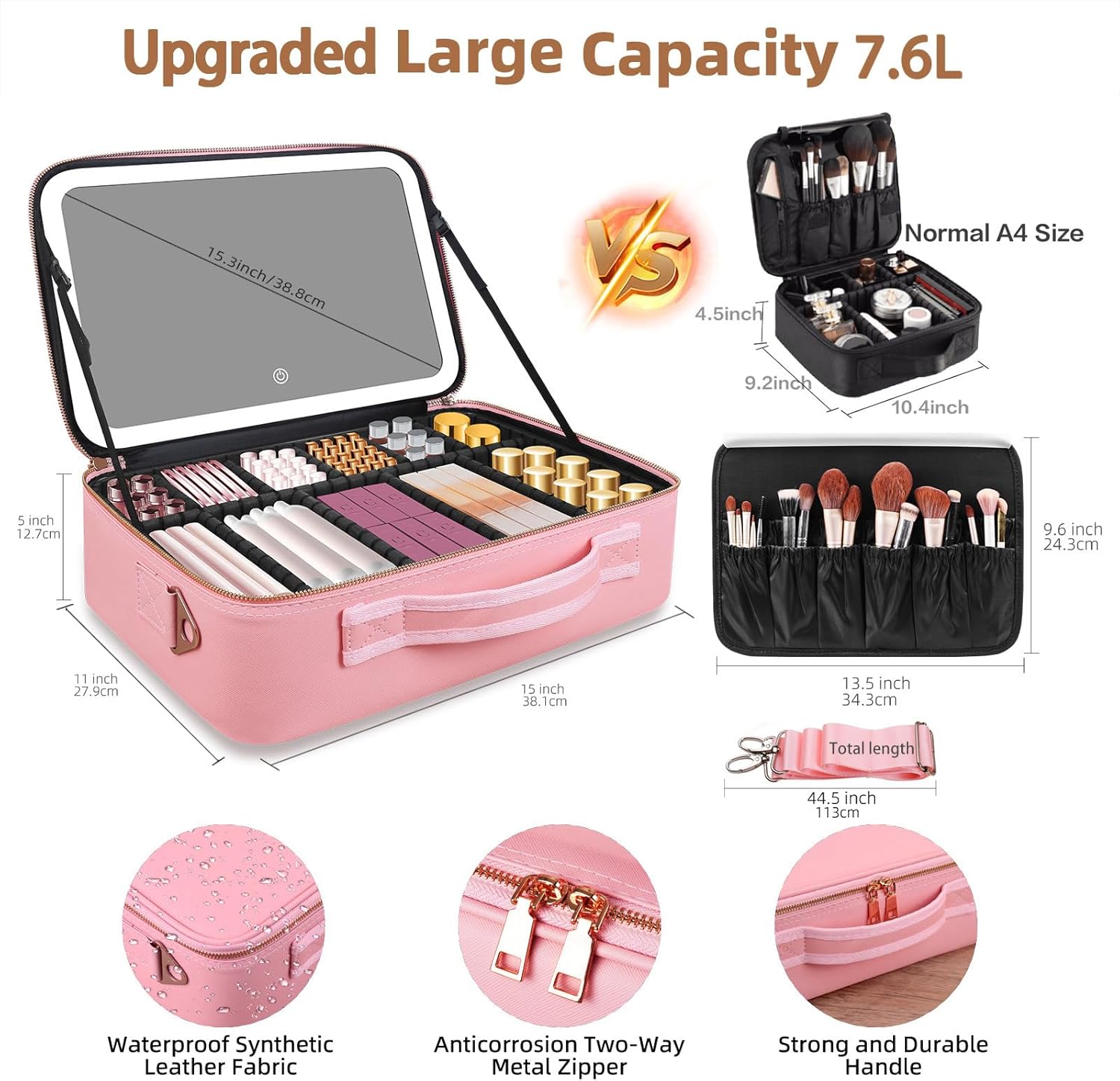 大容量メイクアップバッグ 15インチ×11インチ LEDミラ - Travel Accessories Organizer Case のレビューと価格